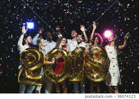 Group of young happy friends with number balloons 36074123