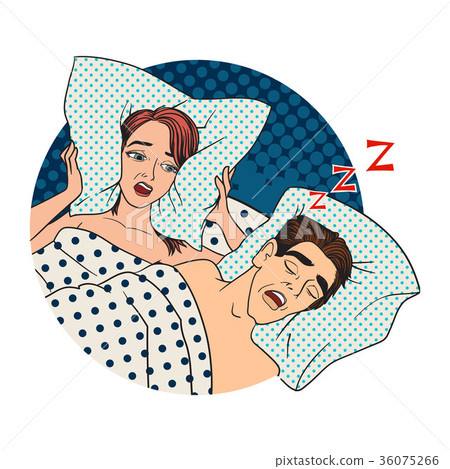 Woman covering ears while man snoring in bed at 36075266