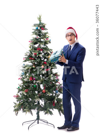 Businessman decorating christmas tree isolated on Businessman decorating christmas tree isolated on 36077443