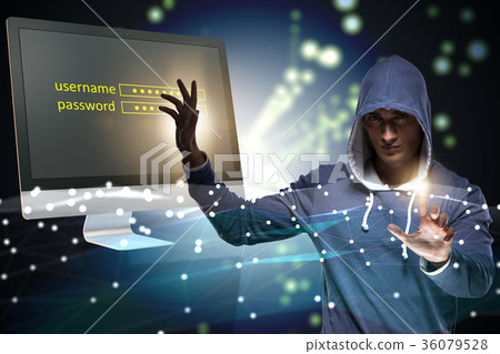 Hooded hacker in data computer security concept Hooded hacker in data computer security concept 36079528