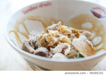 Beef with Fine Cut White Rice Noodle on Thicken Soup , Thai food 36080191