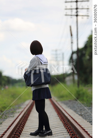 Portrait of Japanese school girl with countryside park 36080976