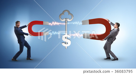 Businessman catching dollar key with horseshoe Businessman catching dollar key with horseshoe 36083795