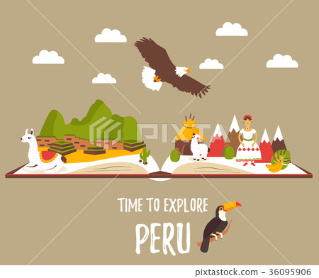 Tourist poster of Peru with lamas, landmarks 36095906