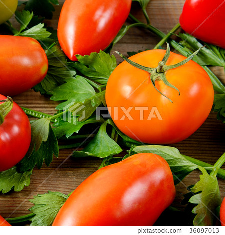 Tomatoes and celery on wooden background. 36097013