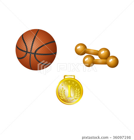 Set of basketball ball, dumbbells and golden medal Set of basketball ball, dumbbells and golden medal 36097198