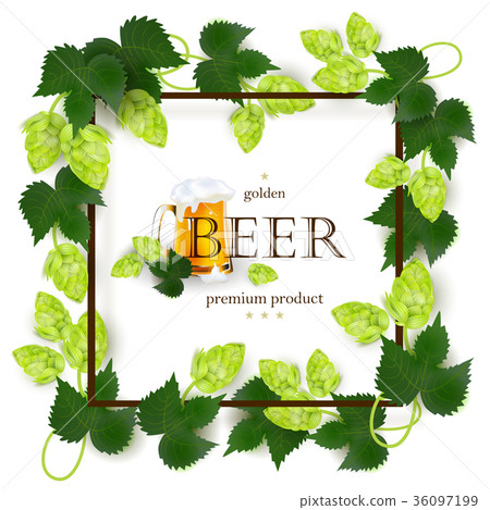 Emblem, label design with beer mug, frame of hops Emblem, label design with beer mug, frame of hops 36097199