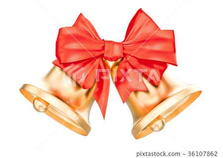 Gold Christmas Bells With Red Bow, 3D rendering - Stock Illustration ...