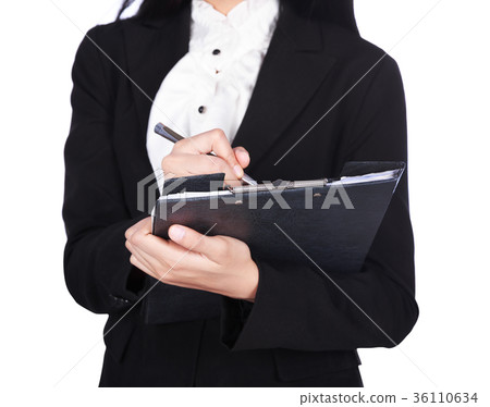 hand of business woman writing on a clipboard 36110634