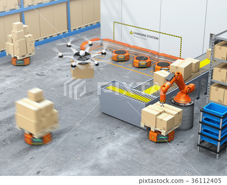 Image of cooperation work of robot arm, automatic transport robot and drone of latest logistics automation device 36112405