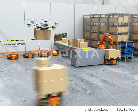 Image of cooperation work of robot arm, automatic transport robot and drone of latest logistics automation device 36112406