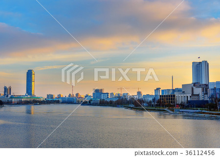 Iset river embankment on sunset. Yekaterinburg 36112456