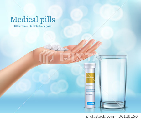 Soluble round tablets lying in the human hand 36119150