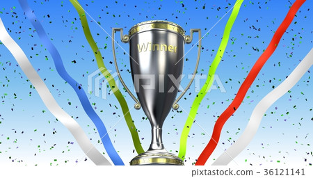 Winner trophy cup with ribbons and confetti. 3D Winner trophy cup with ribbons and confetti. 3D 36121141