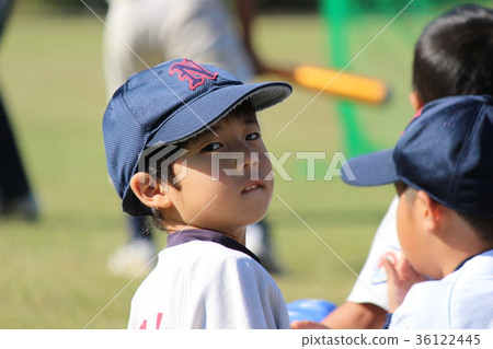 Baseball boy (preschooler) who is looking away without support during the game 36122445