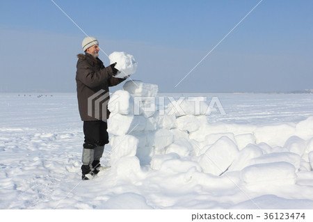 Man with a beard in a gray cap building an igloo  36123474