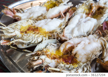 Close up the shrimp river burned on stainless tray 36127204