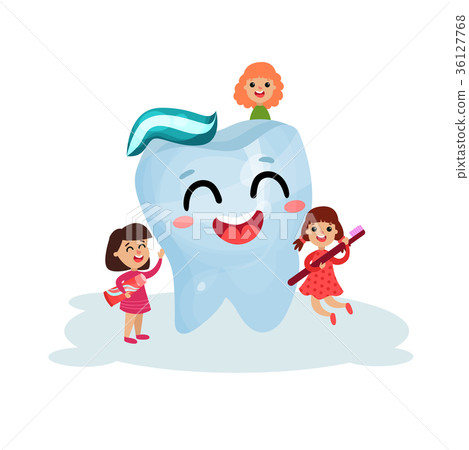 Sweet little girls cleaning giant smiling tooth Sweet little girls cleaning giant smiling tooth 36127768
