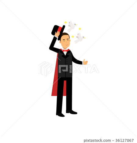 Magician in an elegant black suit performing trick Magician in an elegant black suit performing trick 36127867