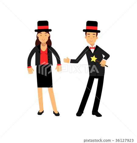 Magician with magic wand and his female assistant 36127923