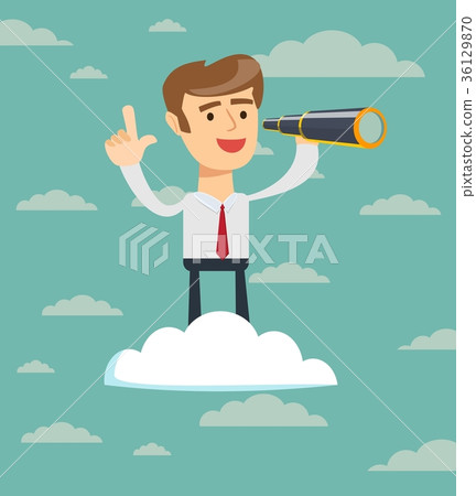 successful businessman with telescope on cloud . 36129870