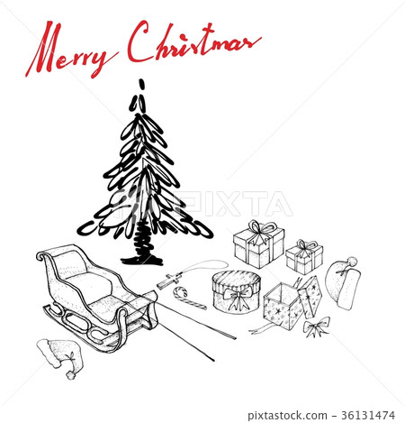Hand Drawn of Santa Hat with Sleigh and Gifts 36131474
