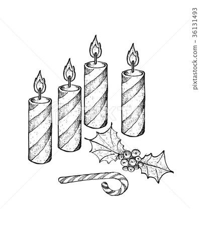 Four Christmas Candles with Holly Twigs Candy Cane 36131493