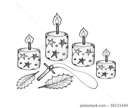 Four Christmas Candles Holly Leaves Wooden Cross 36131494