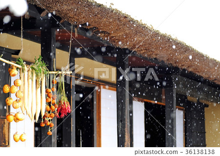 Morioka Tezukaku village in winter Daikon radish and shibuto are dried on the eaves of old houses 36138138