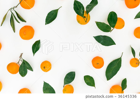 Frame made of fresh citrus and leaves on white 36145336