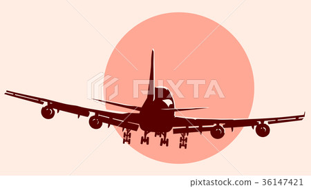 Round logo illustration of flying airplane. 36147421