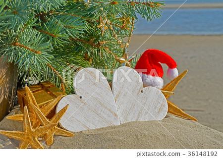 Christmas decoration on sea background. Christmas decoration on sea background. 36148192