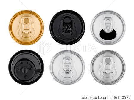 Aluminium soda drink tins top view isolated 36150572