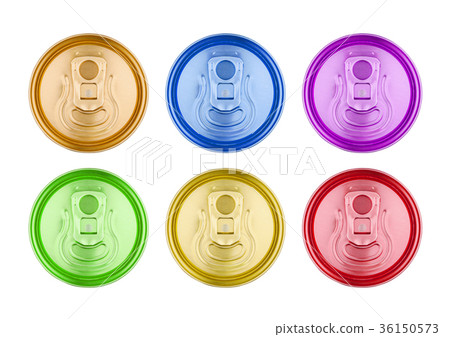 Colorful aluminium soda drink tins top view  36150573
