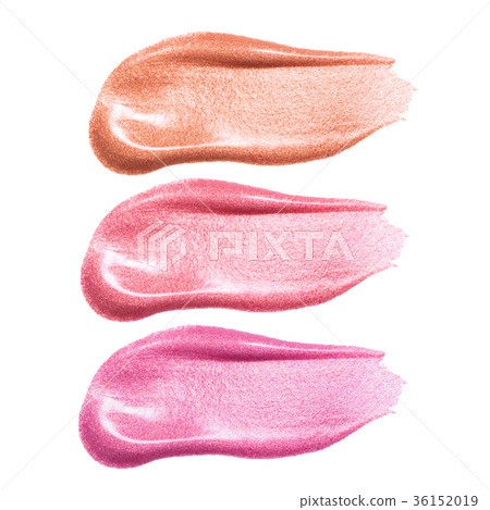 Set of different lip glosses smear samples isolated on white. Smudged makeup product sample. Set of different lip glosses smear samples isolated on white. Smudged makeup product sample. 36152019