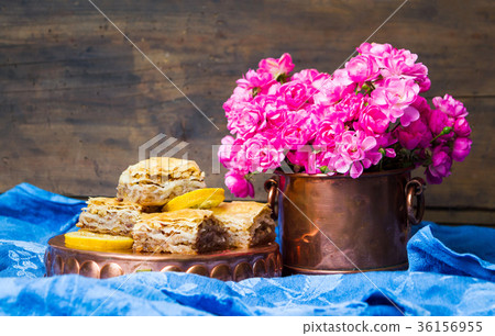 Baklava with Turkish coffee in copper cups 36156955