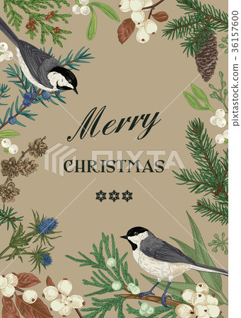 Card with birds and evergreens. 36157600