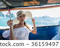 Attractive Young Caucasian Woman Sit On Boat Wear 36159497