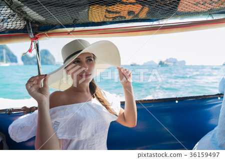 Attractive Young Caucasian Woman Sit On Boat Wear Attractive Young Caucasian Woman Sit On Boat Wear 36159497