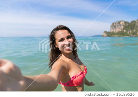 Attractive Young Caucasian Woman In Swimsuit On Attractive Young Caucasian Woman In Swimsuit On 36159526