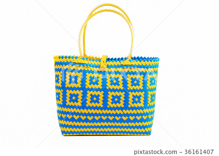 blue and yellow close up wicker tote bag 36161407