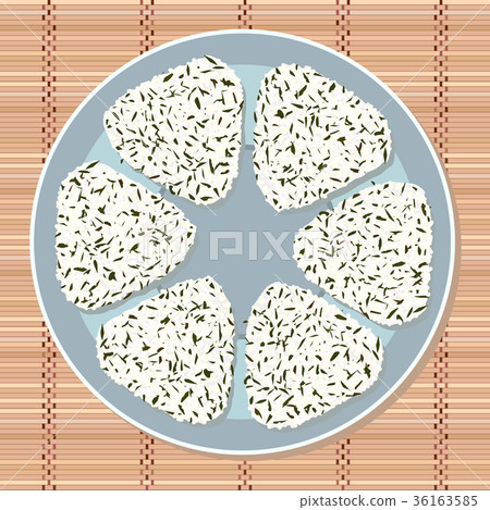 Japanese sticky rice balls. Wakame seaweed pieces. Japanese sticky rice balls. Wakame seaweed pieces. 36163585