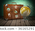 Old suitcase with globe on wood  background.  36165291