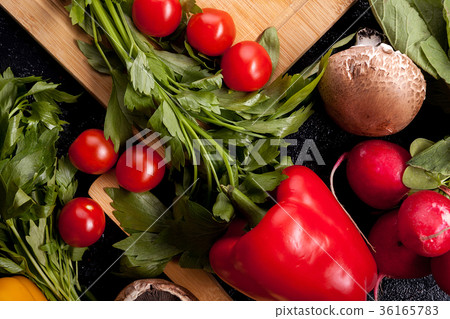 Over top close up view of different vegetables on Over top close up view of different vegetables on 36165783