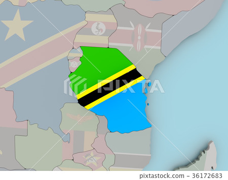 Tanzania on political globe with flag 36172683