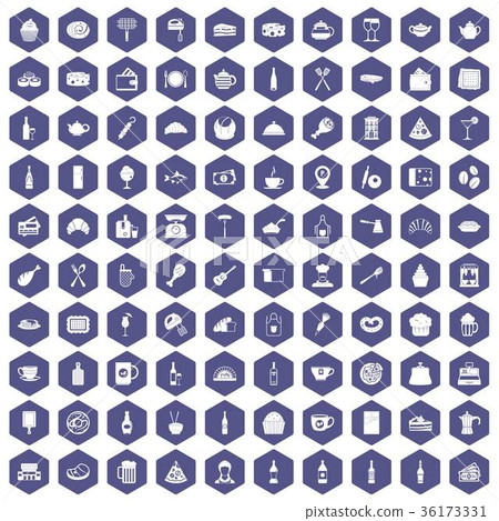 100 restaurant icons hexagon purple 36173331