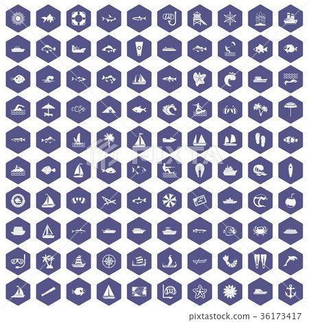 100 sea icons hexagon purple 36173417