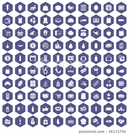 100 supermarket icons hexagon purple 36173756
