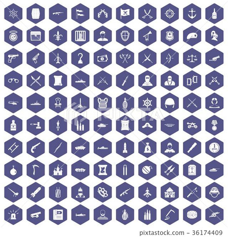 100 weapons icons hexagon purple 36174409