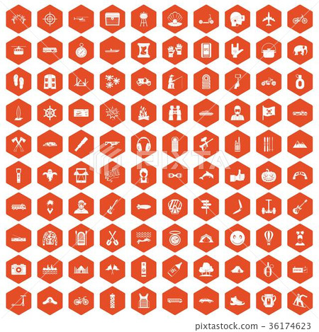 100 adventure icons hexagon orange 36174623
